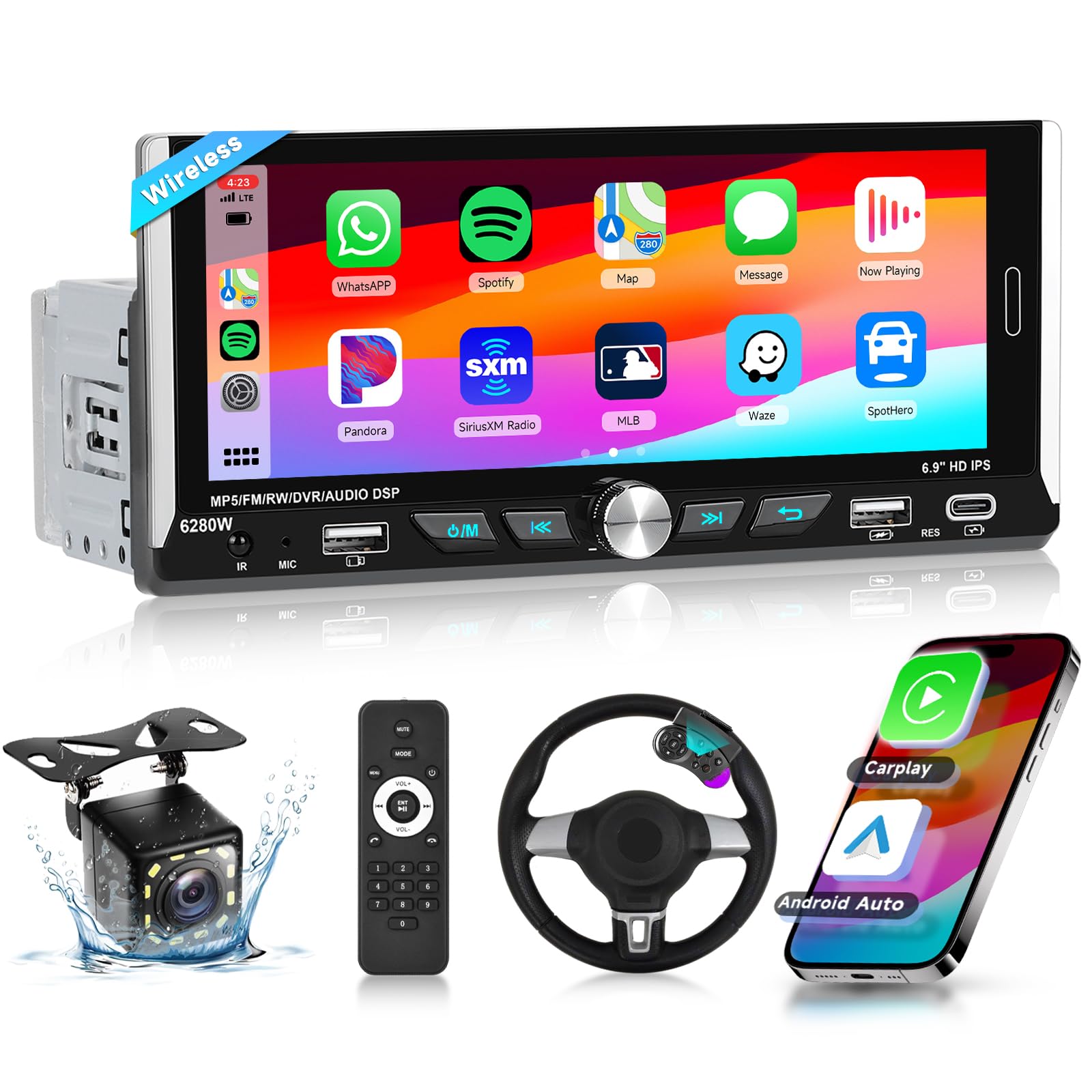 Podofo Single Din Car Stereo with Wireless Carplay Android auto 6.9 inch 2.5D IPS Touchscreen Car Radio Bluetooth 5.0 Mirror Link EQ FM/RDS radio USB/Type-C/TF Card SWC Backup Camera