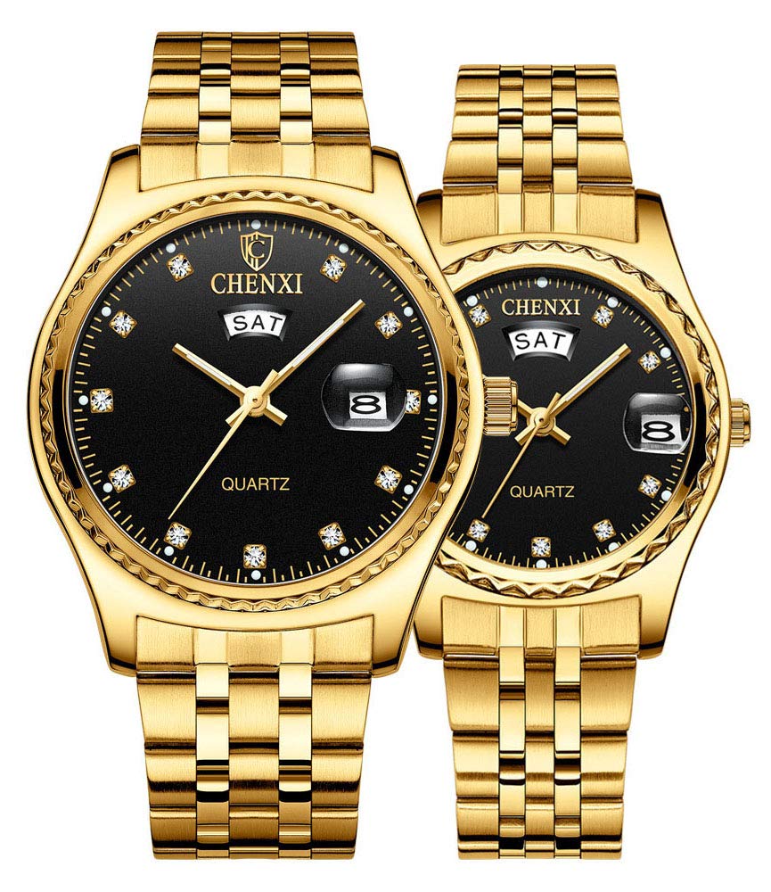 MASTOP Couple Watches Dress Wrist Watch Golden Watch Men Women Stainless Steel Waterproof Quartz Watch, 8201 Black, Quartz Watch — image 1