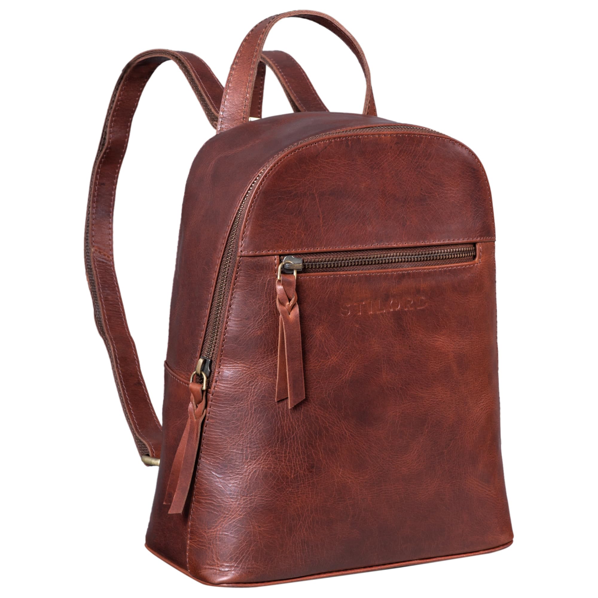 STILORD "Amira Womens Backpack Purse Leather Small Vintage Backpack Shoulder Hand-Bag Purse City Shopping Rucksack Daypack Genuine Leather Colour:Porto - Cognac