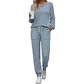 Sweetyweee Women's Ribbed Knit Lounge Sets 2 Piece Outfits Long Sleeve Pajamas Set Loungewear Sweatsuits Fall Pjs with Pocket