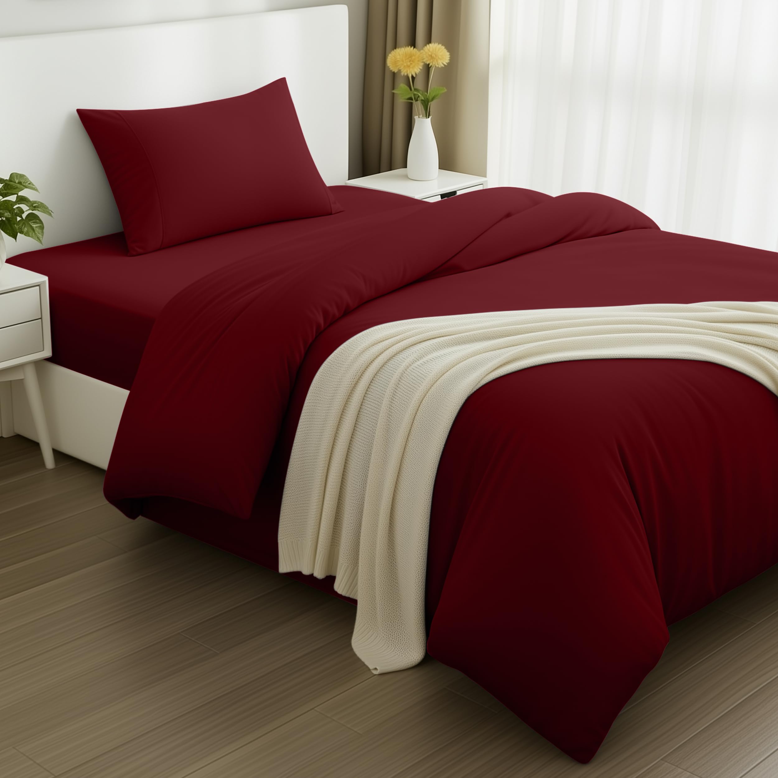 Utopia Bedding 3 Piece Single Bedding Set - Duvet Cover, Fitted Sheet with Pillow case - Soft Brushed Microfiber (Burgundy) — image 1
