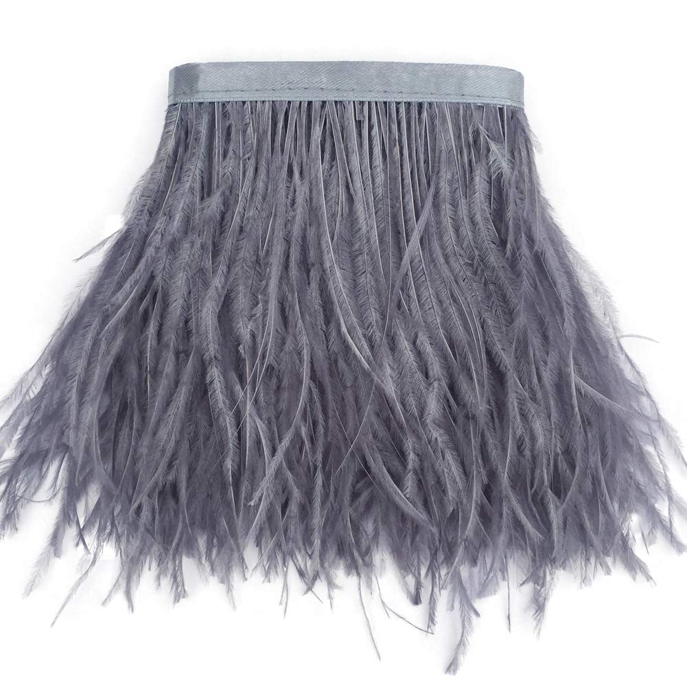 Sowder Ostrich Feathers Trims Fringe with Satin Ribbon Tape for Dress Sewing Crafts Costumes Decoration Pack of 2 Yards(Grey)