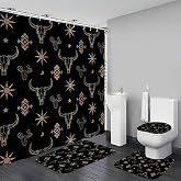 KOKGYM 4Pcs Cow Skull Western Shower Curtains for Bathroom Sets with Rugs | Sun and Cactus Farmhouse Shower Curtain for Bathroom Decor, Black Gold Washable Fabric with 12 Hooks, set de baño completo