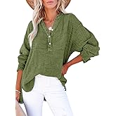 Dokotoo Womens Casual Button V Neck Long Sleeve Shirts Oversized Solid Blouses Tops