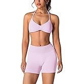 ABOCIW Womens Seamless Workout Sets 2 Piece Strappy Halter Sports Bra Scrunch Butt Shorts Gym Yoga Outfits