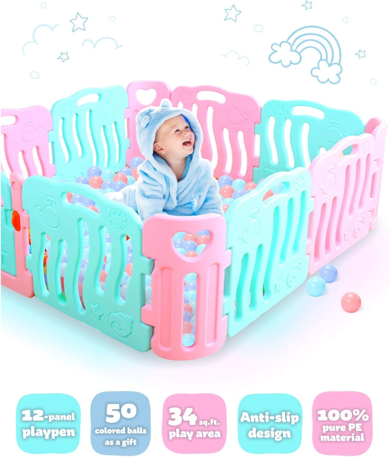 Foldable Baby Playpen Kids 12 Panel with 50 Gift Balls - Activity Center Pink&Mint Anti-Slip Base - Safety Fence 34 sq.ft. Play Area/Yard for Boy, Girls, Toddler - Indoor Outdoor Play Pen (Medium)