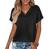 MASCOMODA Womens V Neck Silk Satin Tops Dressy Short Sleeve Work Blouses Spring Summer Loose T Shirts Business Casual Outfits