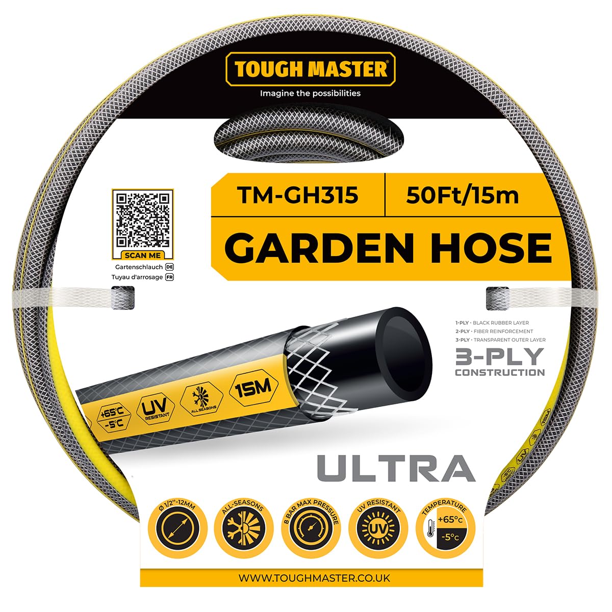 Garden Hose Heavy Duty Layer Flexible Reinforcement UV & Algae Resistant Hose Pipe for Garden, Pressure Washer, Garden Water Features TOUGH MASTER (50FT)