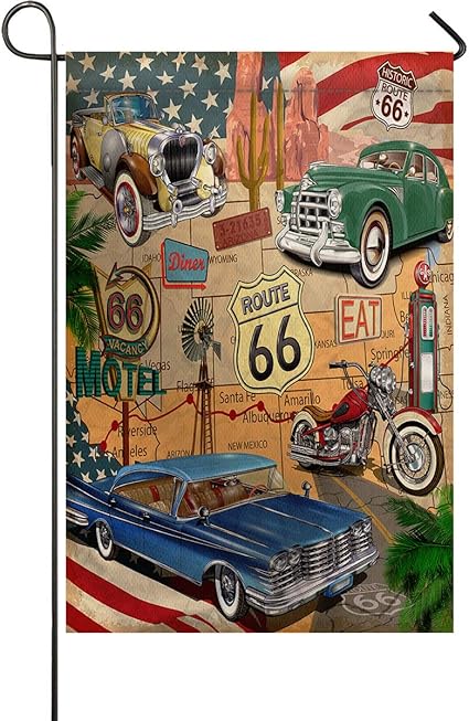 Amazon Com Antique Car Garden Flag Old Classic Car Theme American Vintage Route 66 Garden Flags 28x40inch Double Sided Flag Banner Weatherproof Yard Sign For Lawn Garden Backyard And Outdoor Decoration