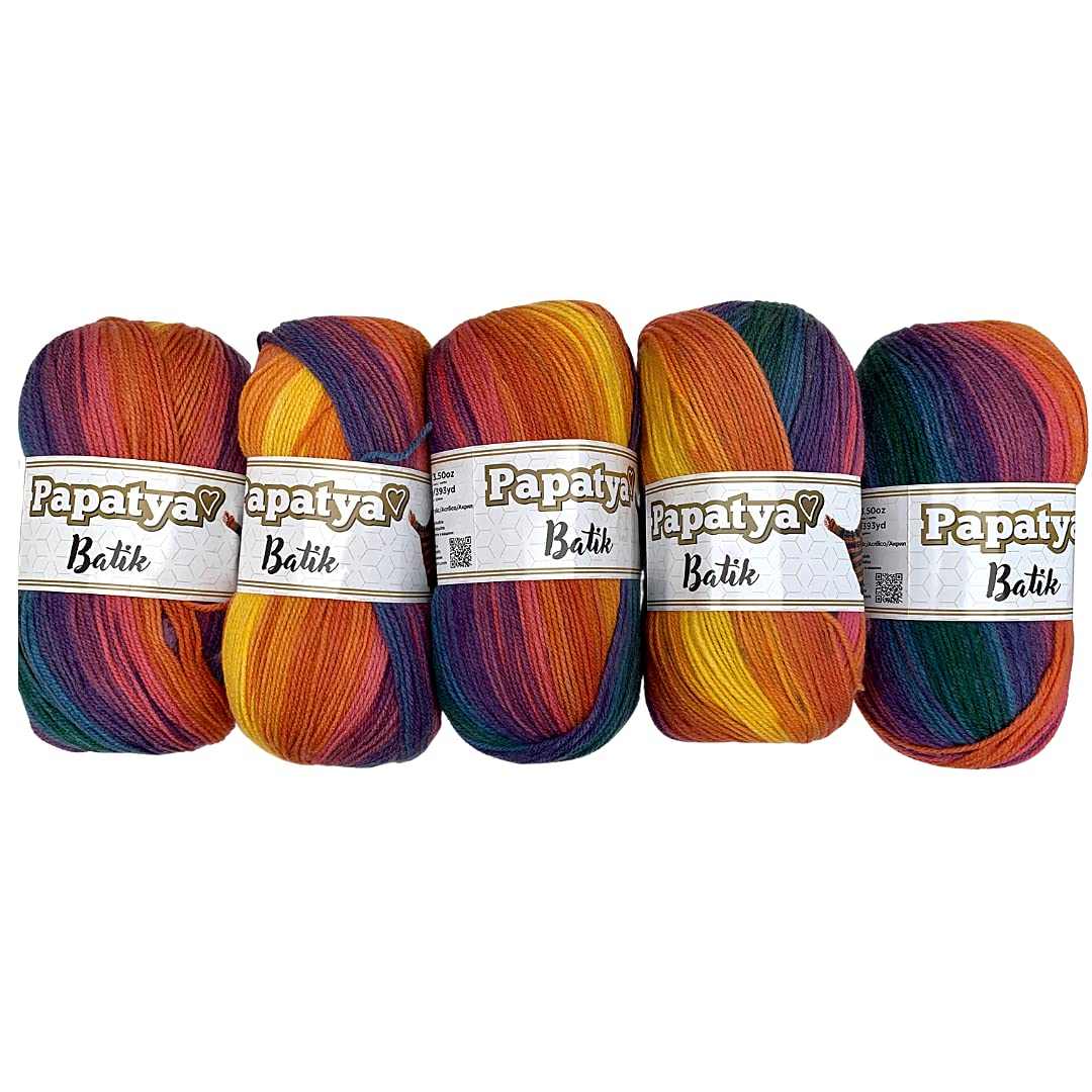 Rainbow Knitting Yarn, Papatya Batik 5 x 100g Acrylic Rainbow Yarn Pack, dk Yarn, 554-13