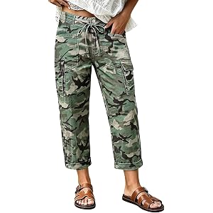 Flamingals High Rise Straight Leg Crop Pants for Women | Camo Print Flap Pocket Drawstring Casual Trendy Pants Without Belt