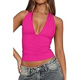 LCNBA Women's Sexy Backless Tie Up Halter Crop Top Deep V Neck Going Out Tops