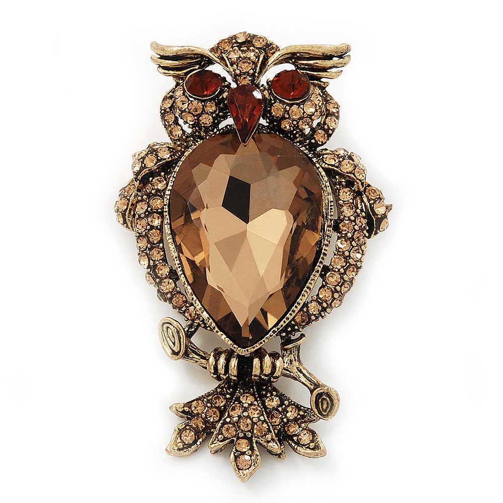 Citrine CZ Owl Brooch In Gold Plated Metal - 6cm Length