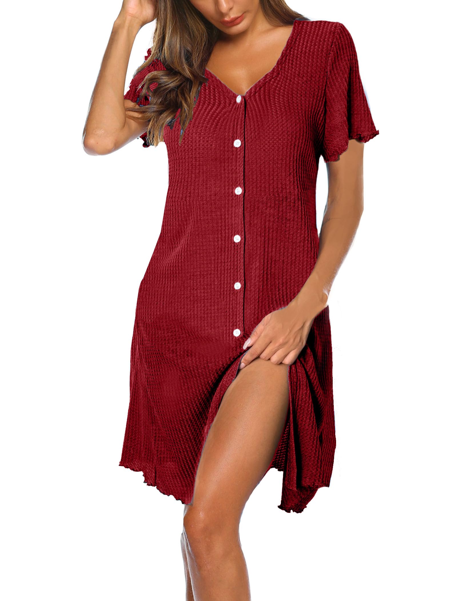 Photo 1 of Ekouaer Women's Button Down Nightgowns Short Sleeve Waffle Knit Night Shirts for Women Sleepwear V Neck Sleep Dress,Red,XX-Large