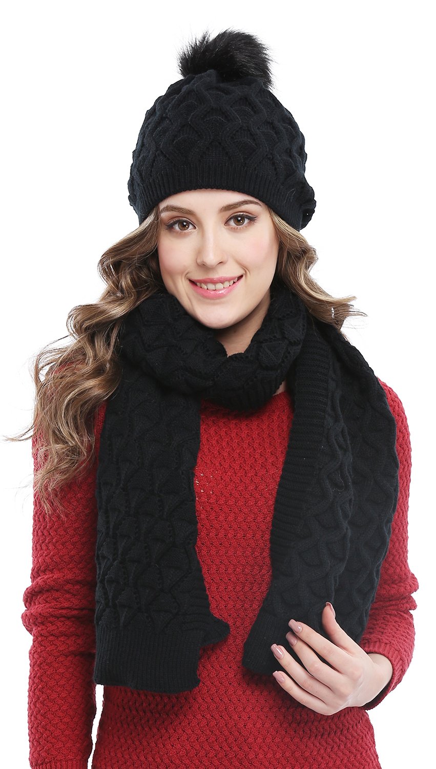 Bellady Women's Knitted Double Layers Beanie Cap with Pom Pom, Scarf ...