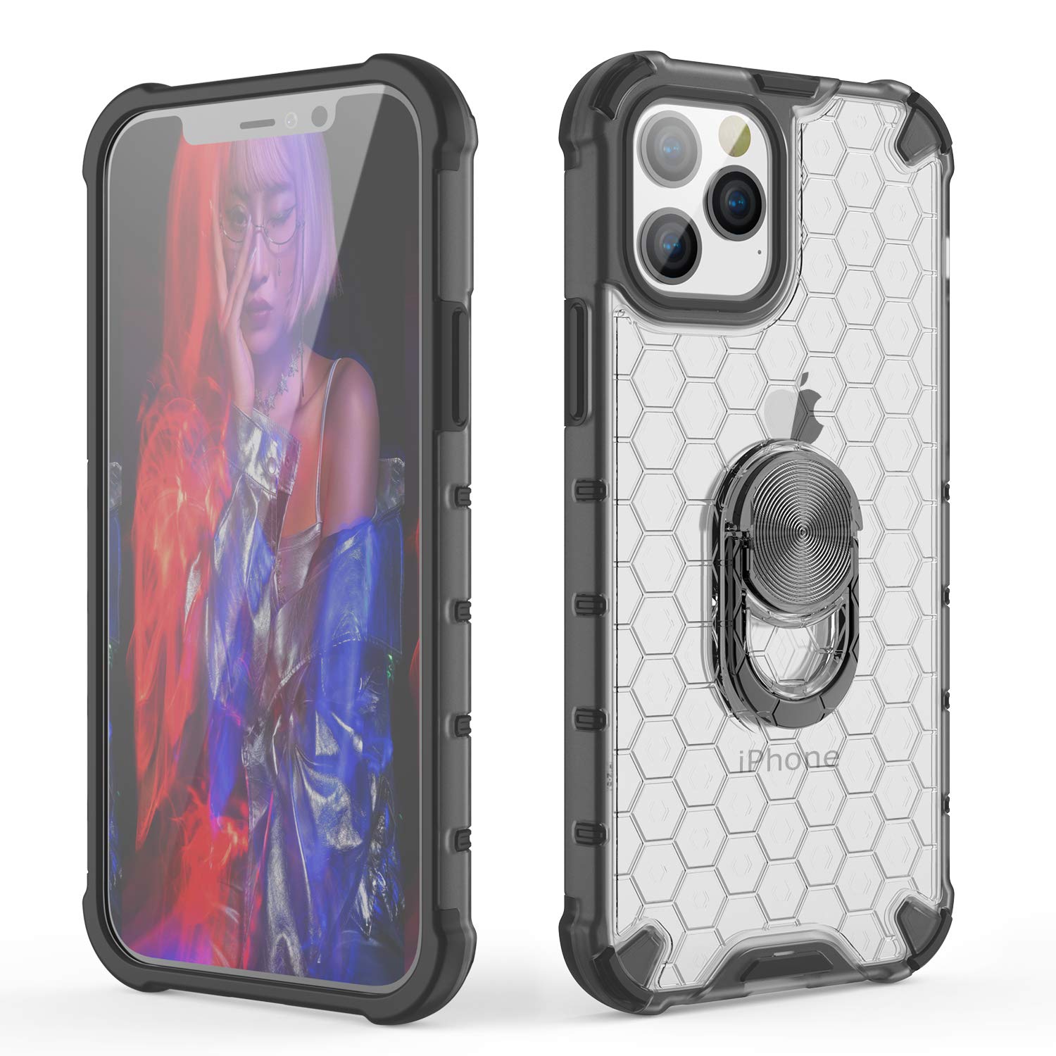 WATACHE iPhone 12 Pro Max Case, Premium Hybrid Dual Layer Heavy Duty Shockproof Protective Case with 360 Degree Rotation Ring Stand for iPhone 12 Pro Max 6.7,Black