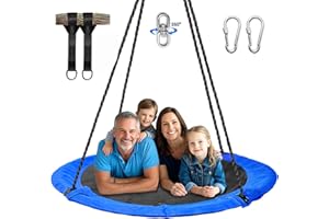 Hishine 43" Saucer Tree Swing for Kids, 360° Rotate Waterproof Flying Saucer Swing with Swivel, Hanging Straps, Adjustable Ropes, Round Mat Spinner Swing for Tree/Swing Set (Blue)