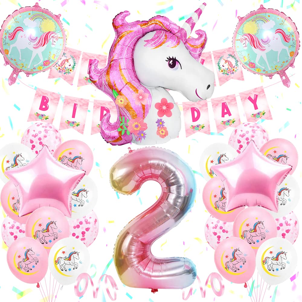 2nd Birthday Party Decoration Girls, Unicorn Birthday Decoration Set Pink, Large Number 2 Foil Balloon,Pink White Latex Balloons,2 Unicorn Party Supplies for Baby Girls Birthday Celebration