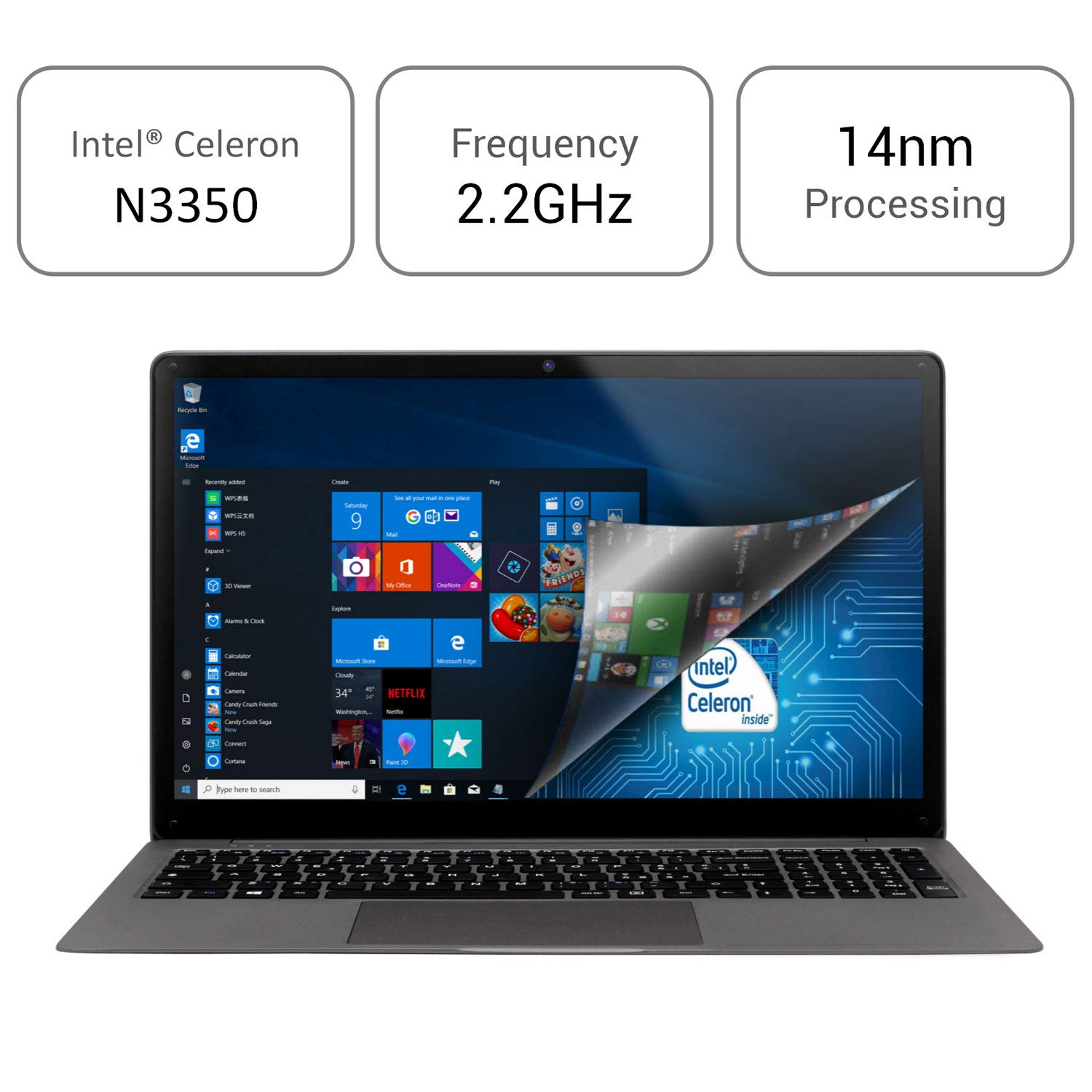 Laptop 15,6 Zoll Windows 10 Notebook - Winnovo KenBook Intel Celeron N3350, 6GB RAM + 1TB HDD, Full-HD, RJ-45, Bluetooth, USB 3.0, Micro HDMI, WLAN, 10.000MAh Akku, 64 Bit (Silber Grau)