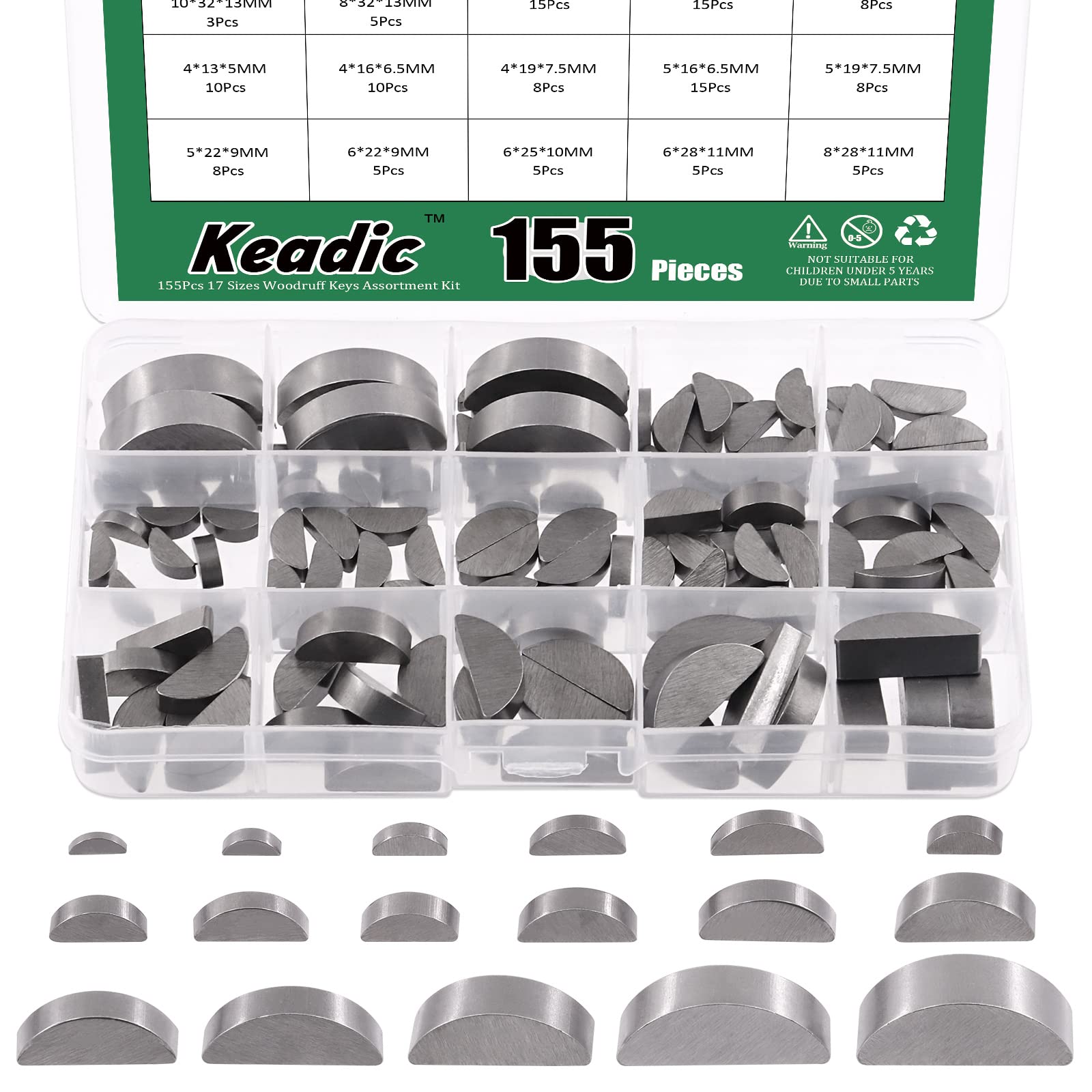 Keadic 155Pcs 17Sizes Metric Woodruff Key Assortment Set, Carbon Steel Half Moon Gear Shaft Drive Semicircle Bond Key Pulley Crank Hardware Accessories for Mechanical Industry Fasteners