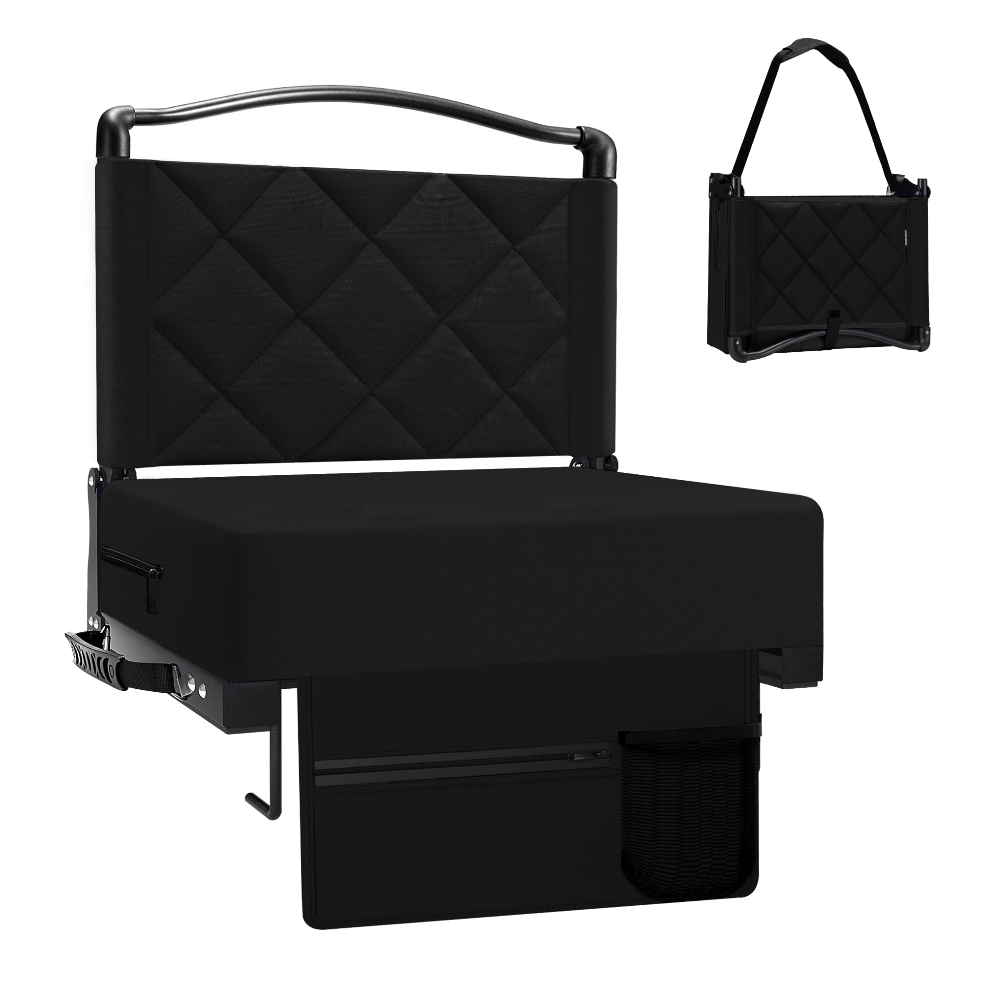 Kaganoon Stadium Seats with Back Support and Cushion Thick Padded Bleacher Chairs with Shoulder Strap, Portable Folding Stadium Seat Chairs for Bleachers Include Cup Holder and Side Pocket, Black Image