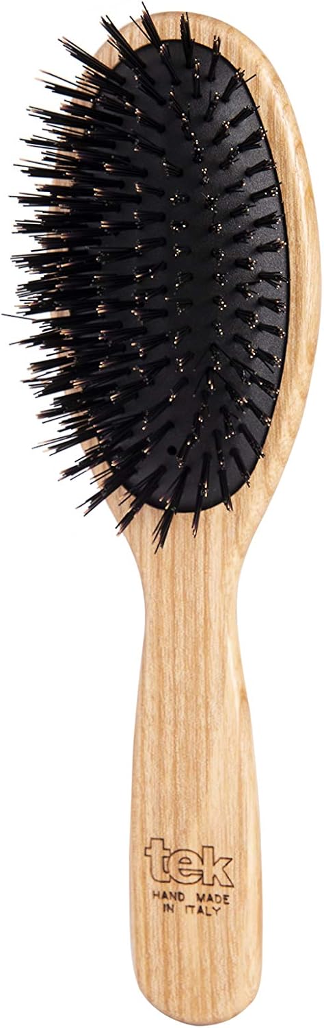 TEK - Large Oval Brush with Ecological Bristles Handmade in Italy, for Fine Hair - 22 x 6 cm, Natural, Black