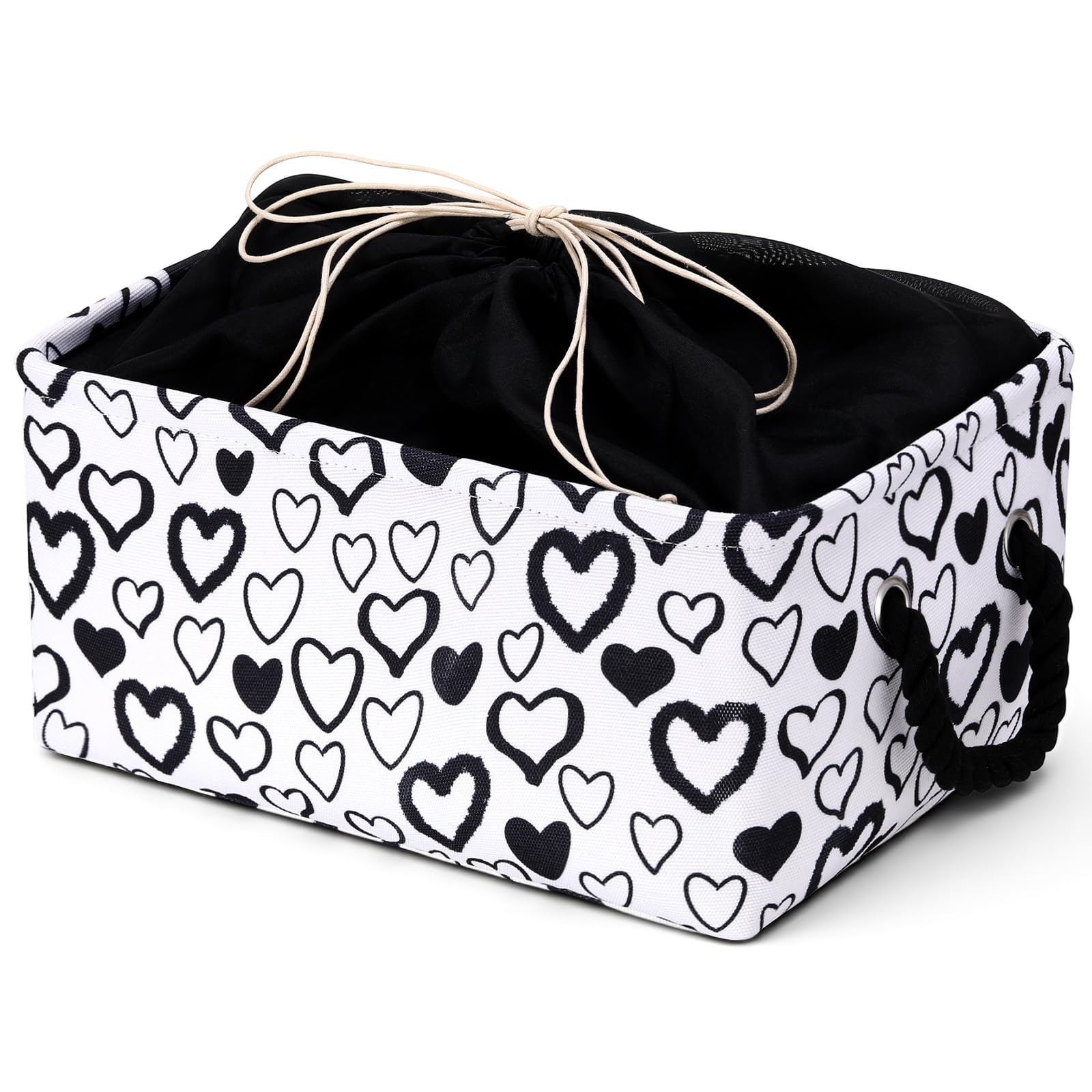 Photo 1 of Wonderjune Valentine's Day Storage Basket Canvas Fabric Organizer Bin with Drawstring Closure and Handles Heart Gift Basket for Home Office Nursery Closet Room Toys Books Clothes(Black Heart)