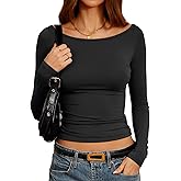 Mousnipy Women's Dressy Casual Boat Neck Tops Long Sleeve T Shirts Fall Basic Tops Slim Fit
