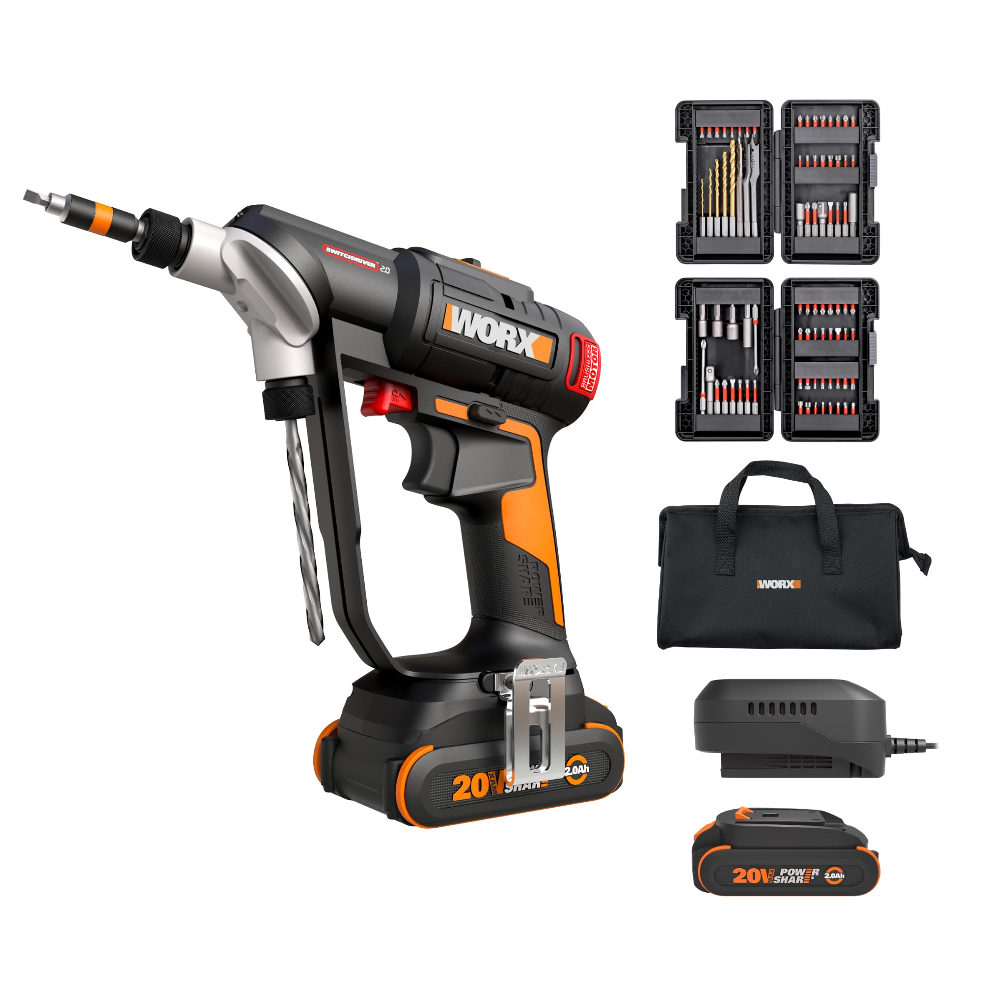 WORX Cordless Drill Driver, 20V 445 in·lb Brushless Power Drill Driver, Powerful Drilling and Driving, 2-in-1 Design, Intelligent Digital Display, 85 Bits, Battery and Charger Included, PowerShare Image