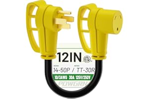POWGRN 50 Amp to 30 Amp RV Adapter 12 inch, Heavy Duty Extension Cord 10/3 Gauge RV Electrical Adapter, NEMA 14-50P Male to NEMA TT-30R Female, STW 30AWG 30A 125V 3750W, Black-Yellow, ETL Listed