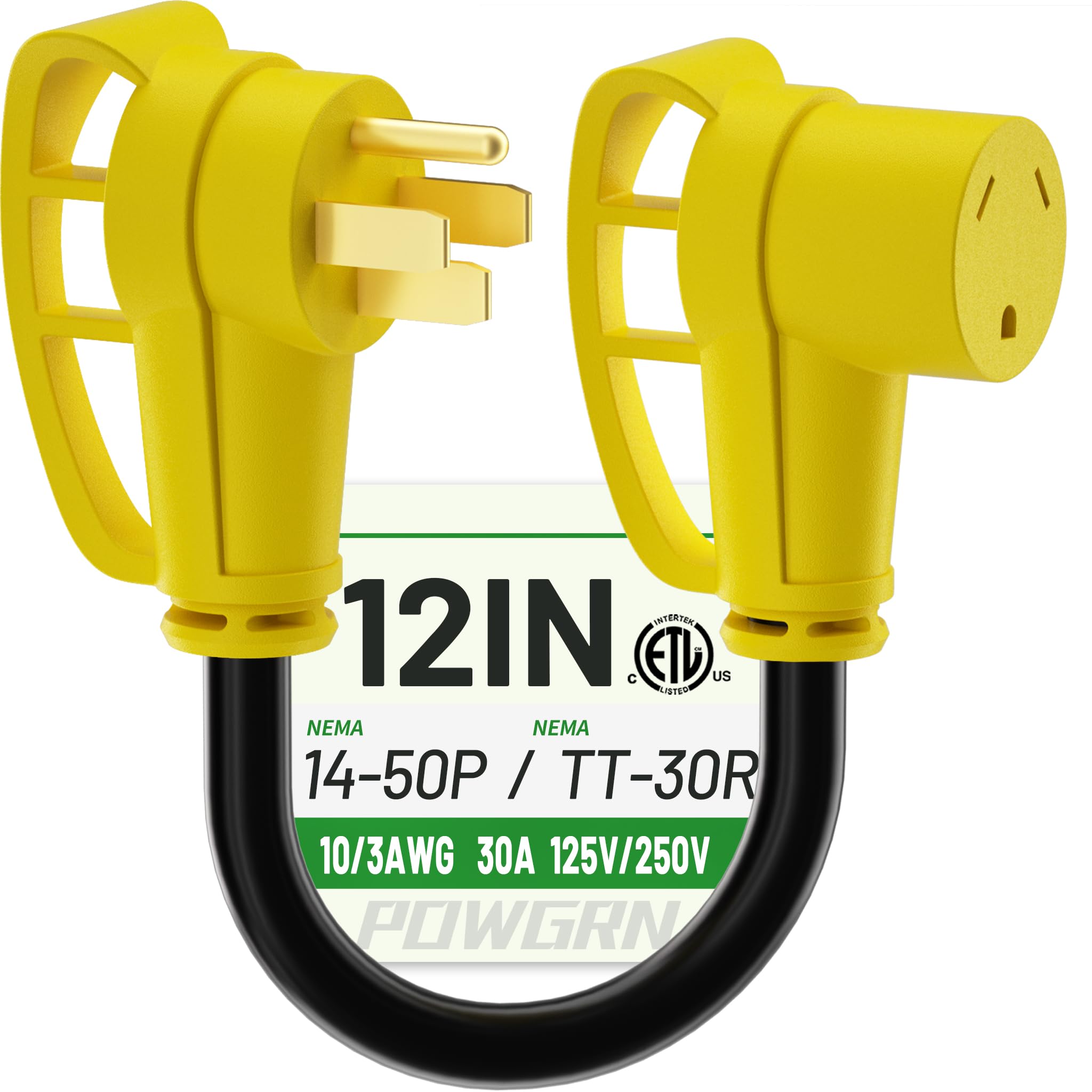 Photo 1 of POWGRN 50 Amp to 30 Amp RV Adapter 12 inch, Heavy Duty Extension Cord 10/3 Gauge RV Electrical Adapter, NEMA 14-50P Male to NEMA TT-30R Female, STW 30AWG 30A 125V 3750W, Black-Yellow, ETL Listed