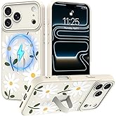 MOWIME Magnetic for iPhone 17 Pro Max Case with Finger Strap, Compatible with Magsafe, Daisy Floral Pattern for Women Girls, Slim Shockproof Soft TPU Case for iPhone 17 Pro Max 6.9 Inch, White