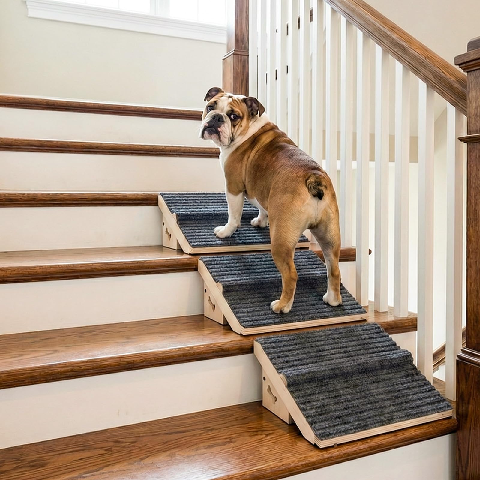 Photo 1 of 3 Pack Wooden Dog Ramp for Stairs,Friendly to Short-Legged/Small/Injured/Aged Dogs with High Support,13L*9W*5H''+26°Slope Fits Your Staircase,with Anti-Slip Pads for Climbing Safely,Stairs Assist