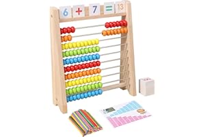 Gserin Wooden Abacus for Kids, Math Learning Tool, 10-Row Bead Frame with Counting Sticks, 1-100 Number Cards & Math Symbols, Preschool Educational Toy for Toddlers 3+