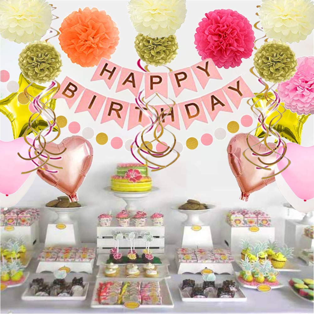 Birthday Decorations Birthday Party Supplies Happy Birthday Banner Pink and Gold Happy Birthday Decor for Women Girls