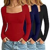 Velvelhall 3 Pack Women's Square Neck Long Sleeve Tops, Double Lined Slim Fit Shirts Basic Trendy Going Out T Shirts