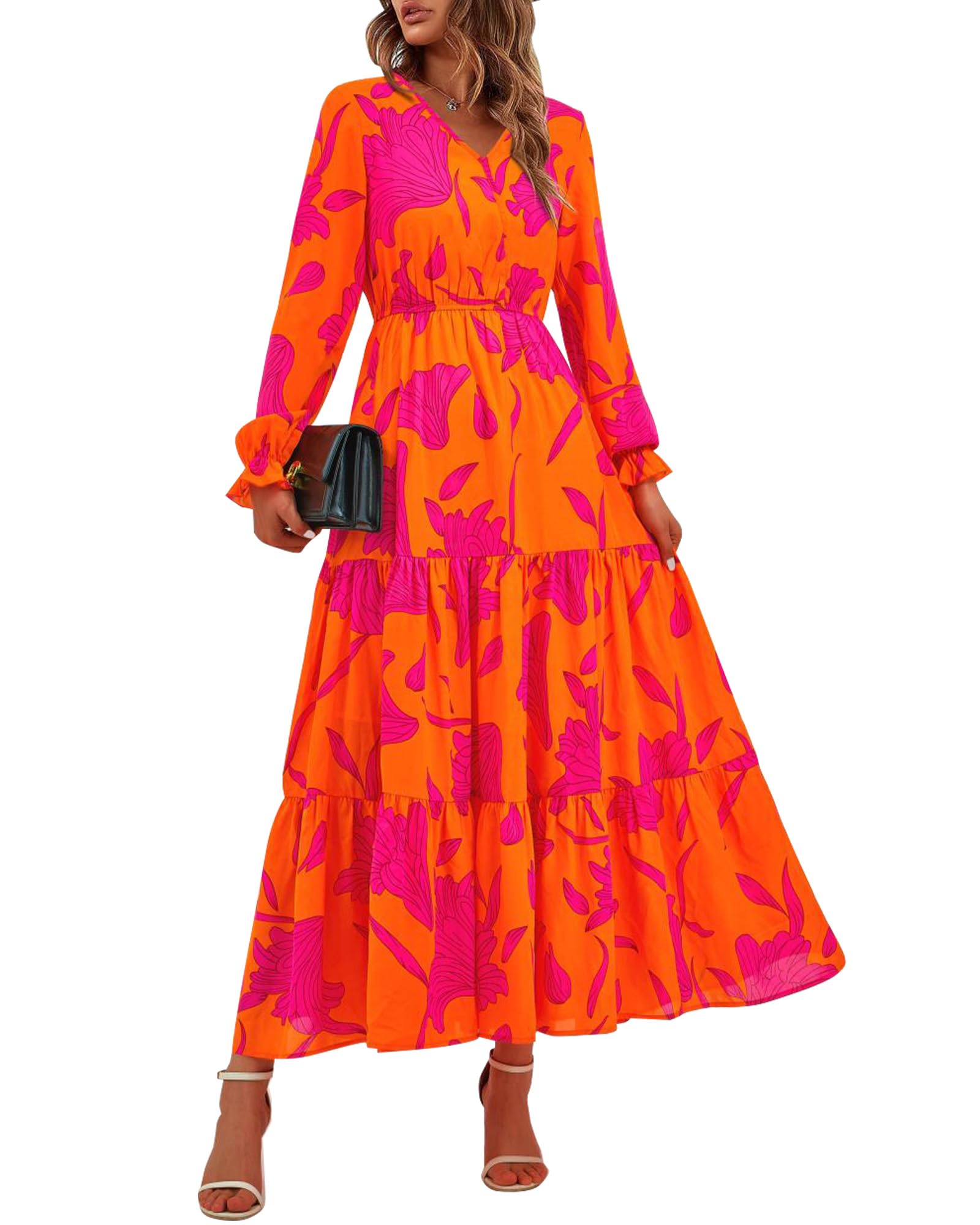 Photo 1 of BTFBM Women Spring Dresses 2025 Casual Long Sleeve V Neck Maxi Dresses Floral Boho Long Dress Wedding Guest Dress(Orange Rose Red Flower,Small)
