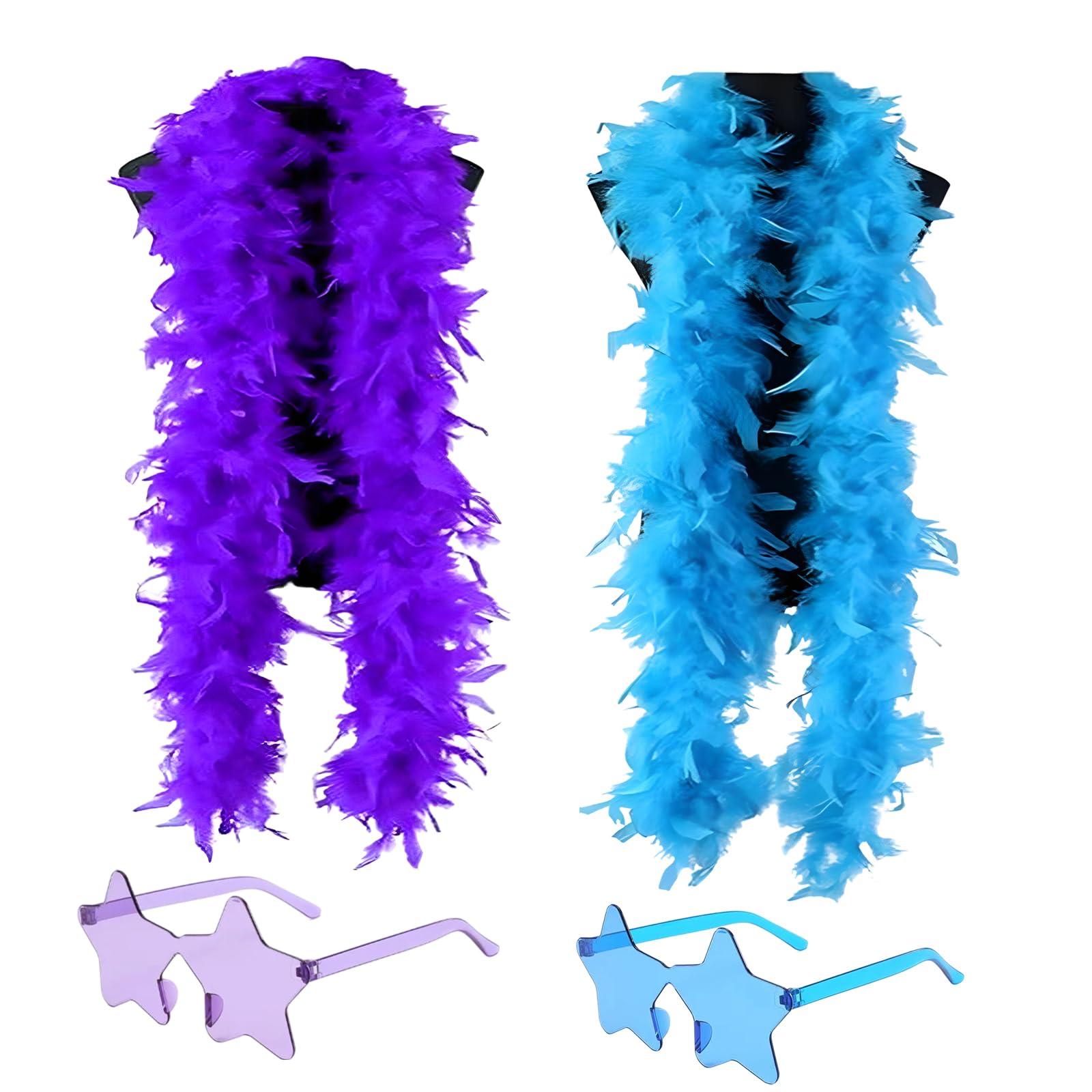 CBRPVT 2 Pcs Feather Boa Set, 2 Star Glasses, 2M Fluffy Feather Scarf for Dance Performances, Wedding Parties, Carnival Celebrations, Halloween Costumes, Christmas Decorations