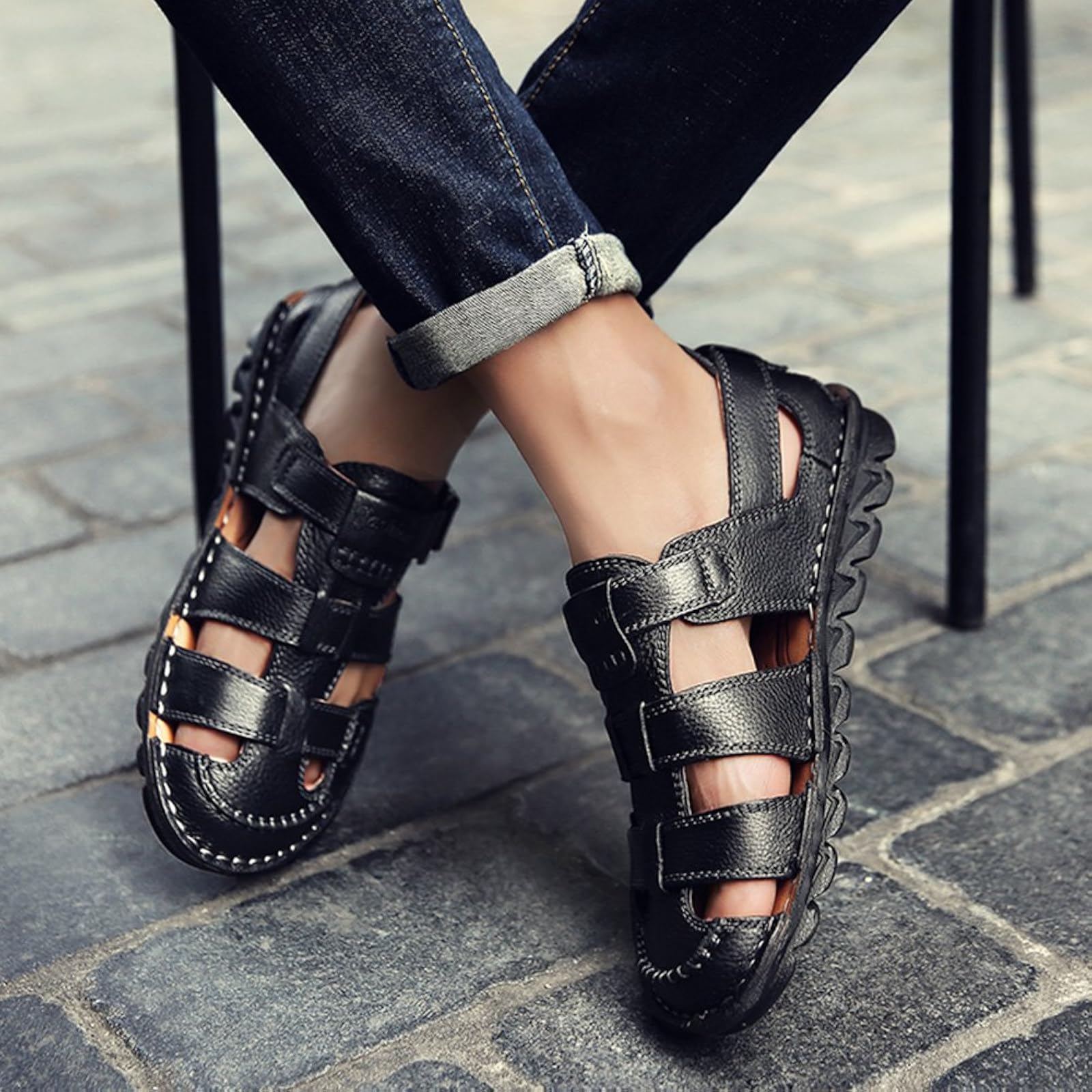 JIONS Closed Toe Leather Fisherman Mens Sandals