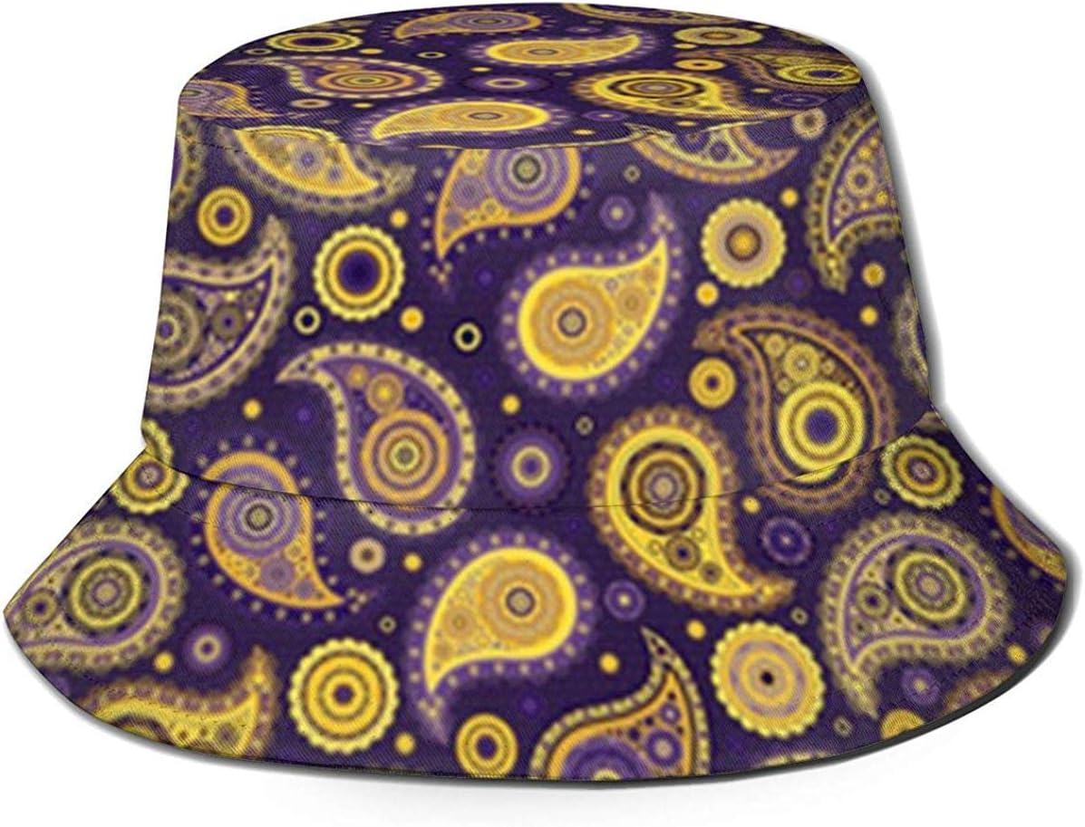Sun Hat Paisley Purples & Golds Bucket Cap UV Sun Protection Fisherman's Hat Foldable Lightweight Breathable Outdoor Travel Cap Black