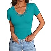 GKBK Womens Short Sleeve V Neck T Shirts Ribbed Lace Casual Tops Going Out Fitted Tight Shirts Basic Tee 2026 Outfits Trendy