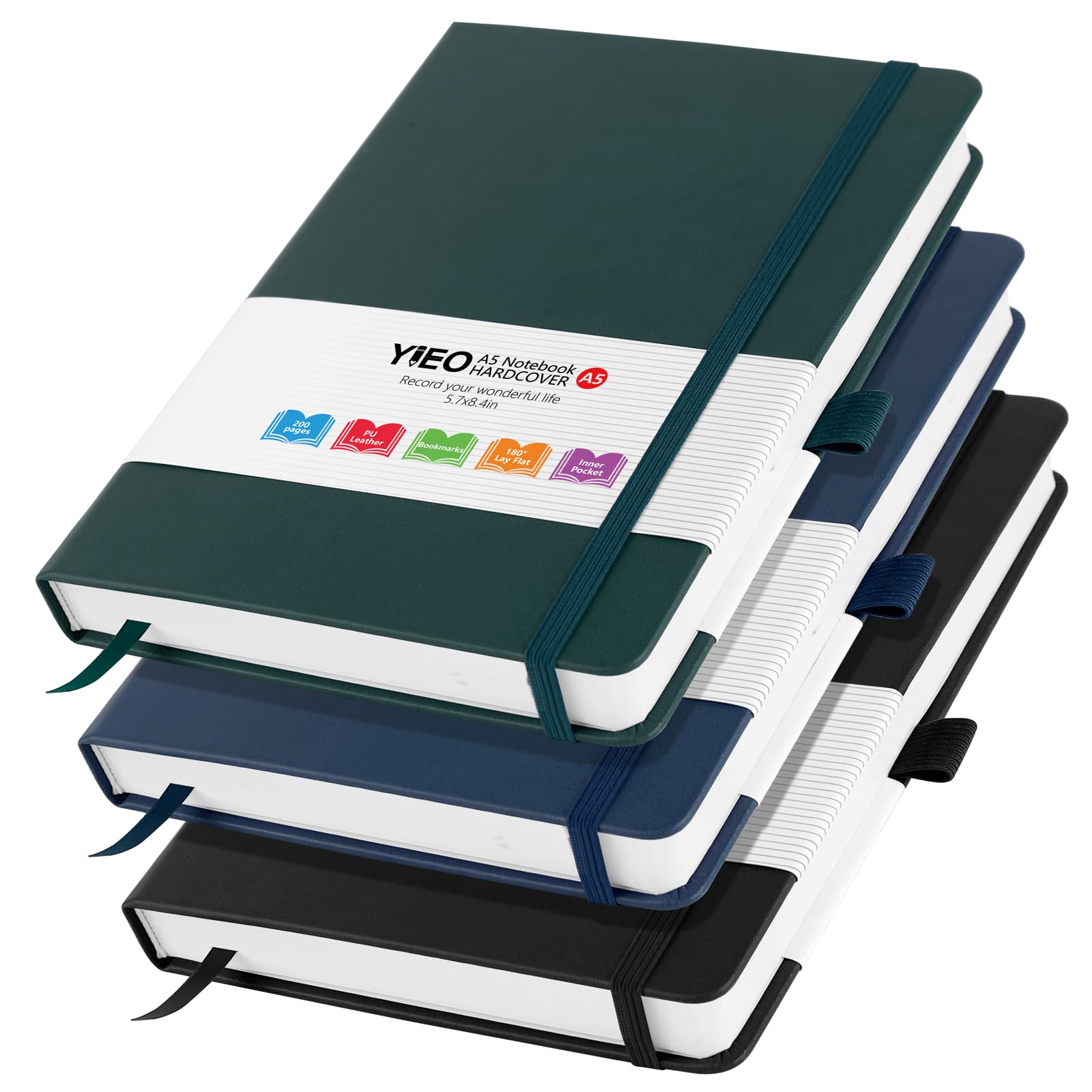 A5 Notebook, 3 Pack Leather Journal Notebook for Women Men, 200 Lined Pages 80GSM Notebooks with Elastic Loop, Pen Loop and Expandable Pocket, Notepad for Office School Supplies (Black, Blue, Green)