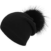 Women's Real Fur Pom Pom Cashmere Wool Blend Winter Slouchy Knit Beanie Hat with Real Pom Pom Beanie Hat