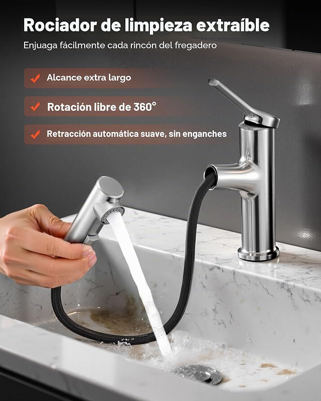 Grifo de Lavabo en Níquel Cepillado y Acero Inoxidable, Grifo de Cocina con Rociador Extraíble, Mezclador Monomando para Baño, Caravana, Bar, Resistente a la Corrosión, 260 x 210 x 52 mm