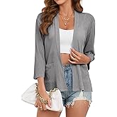 Poplab Womens Summer Loose Fit Lightweight Cardigan 3/4 Sleeve Open Front Sheer Cover Ups Hight Low Hem with Pockets