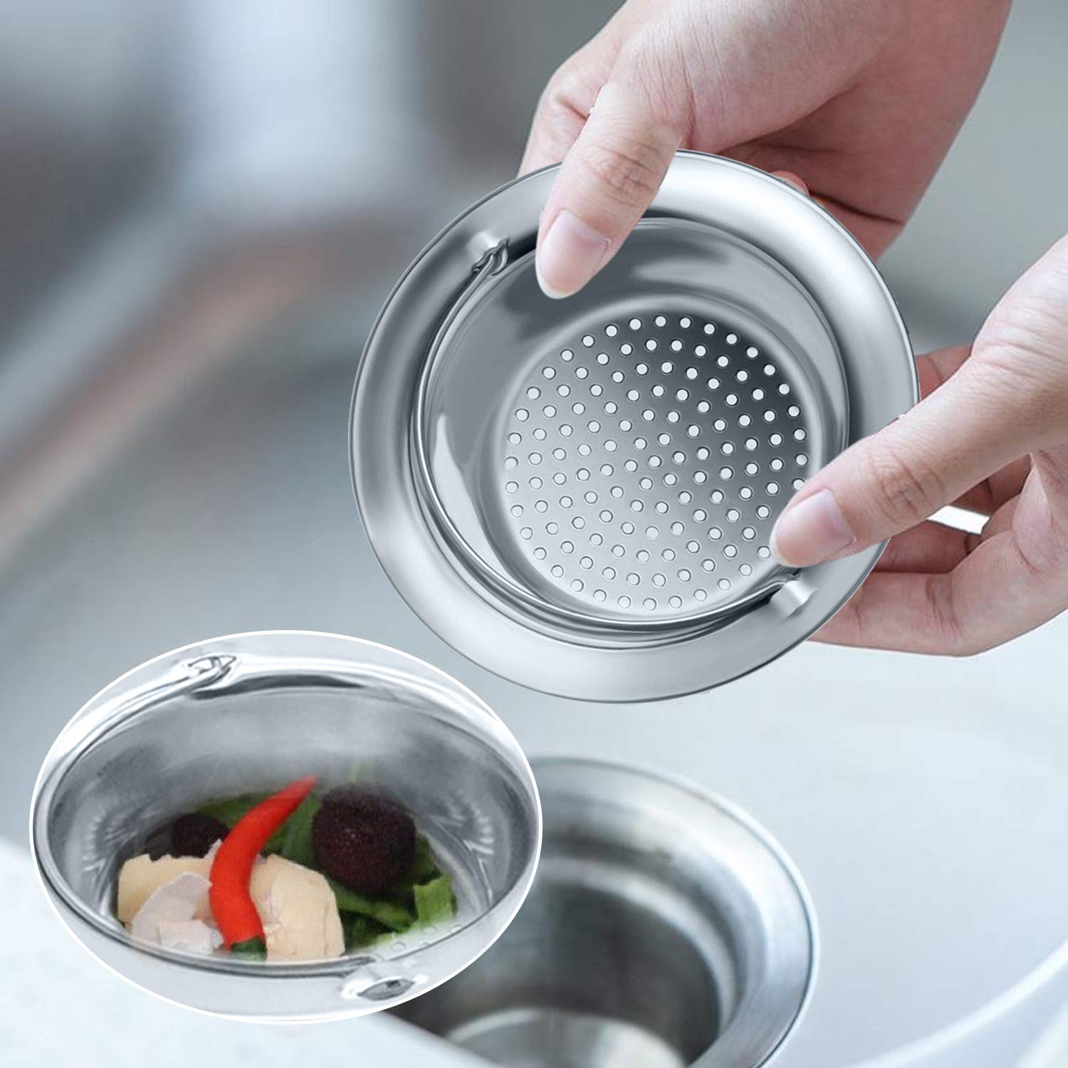 2PCS Stainless Steel Kitchen Sink Basket Strainer with Handle Garbage Disposal Stopper Mesh Basket, Kitchen Sink Strainer Baskets, Wide Rim 4.33\