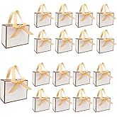 TKSBAG 50 PCS Small White Gold Gift Bags with Bow Ribbon - 6.4x3.1x5.1 Inch Thank You Bags with Handles, Bulk for Baby Shower, Bridal Shower, Wedding, Party Favors, Valentine
