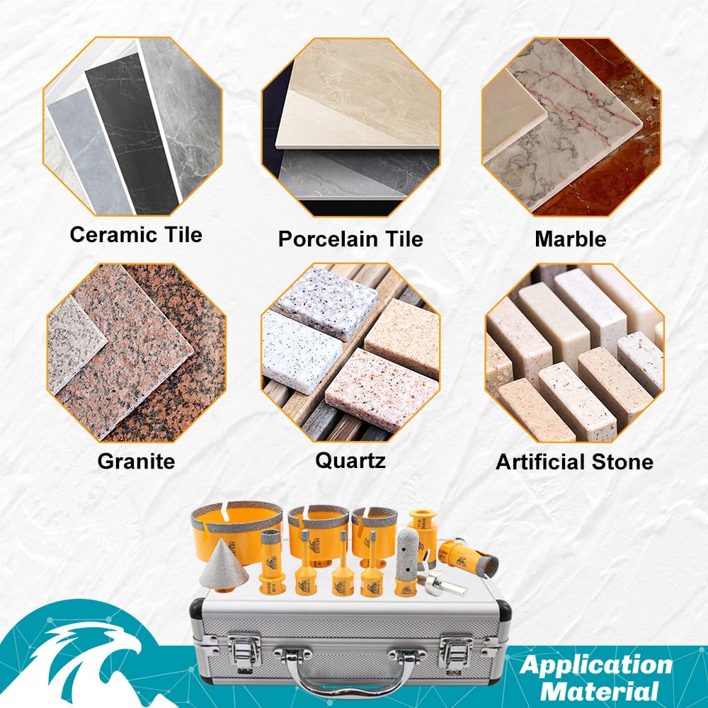 Diamant Fliesenbohrer Set 12 Stücke, 6/6/8/20/25/35/50/68/100MM EXFEIN M14 Diamantbohrer Lochsäge, 20mm Fingerfräser, 50mm Fasenfräser, Adapter für Fliesen Keramik Porzellan Marmor Granit 6