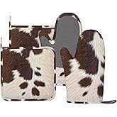 CEVIOLINRE Cow Print Oven Mitts and Pot Holders Set Silicone Heat Resistant Brown Cowhide Western Farmhouse Kitchen Gloves Set Cow Print Kitchen Mittens Pot Holders for BBQ Cooking Baking Grilling
