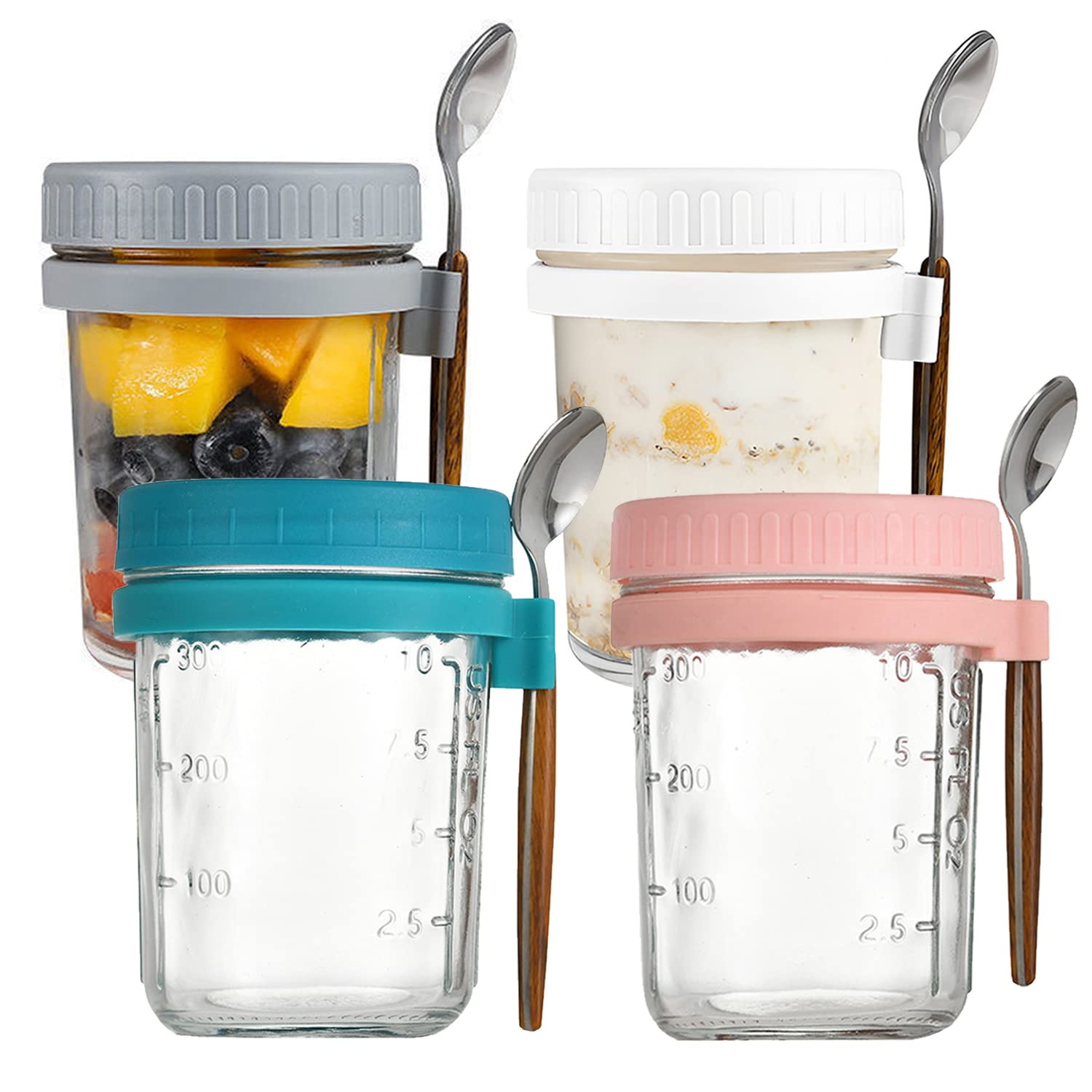 Hniuyun 4 Pack Overnight Oats Jars with Lids and Spoon, 10 oz Airtight Breakfast Jars with Measurement Marks, Mason Jars with Lid for Salads Cereal Milk Porridge Fruit — image 1